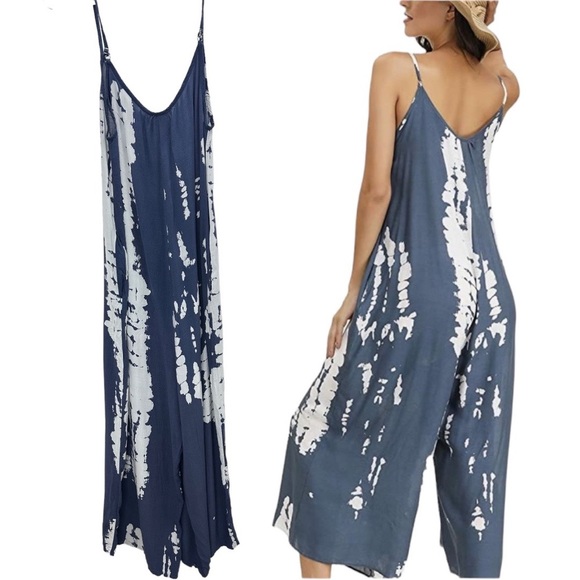 Buenos Ninos Jumpsuit Adult Small Blue White Wide Leg Pocket Tie Dye Flowy Women - Picture 2 of 14